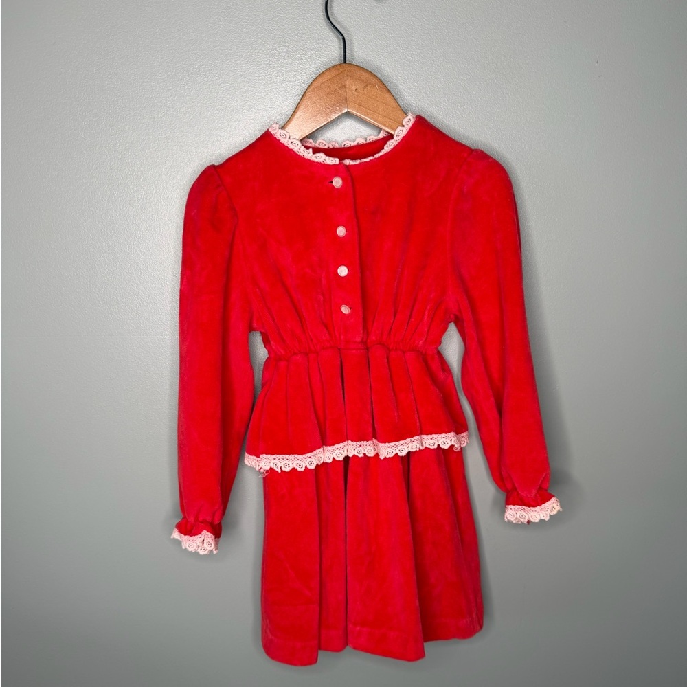 Peaches ‘n Cream Vintage 70s Layered Red Velour Lace Trimmed Dress - Picture 2 of 9
